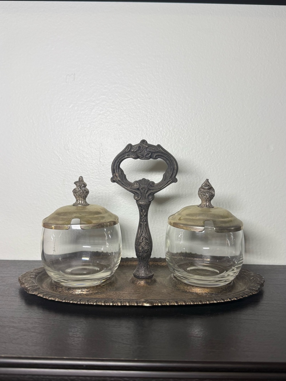 Vintage 1980s Silver Plated Glass Candy Jars & Handle